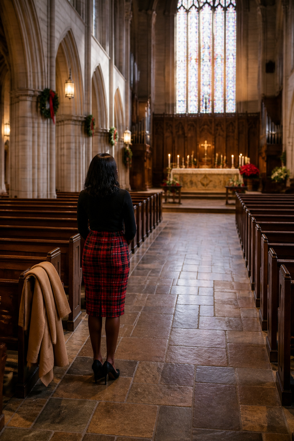 Red plaid skirt styled with a black turtleneck for Christmas Sunday.