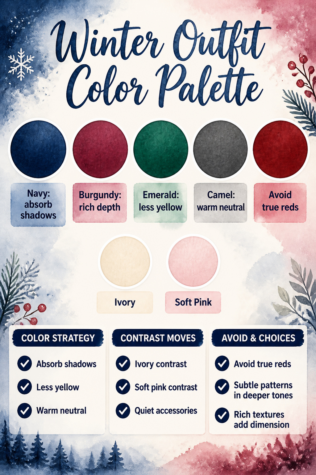 Color palette featuring navy, burgundy, emerald, and charcoal for winter outfits.