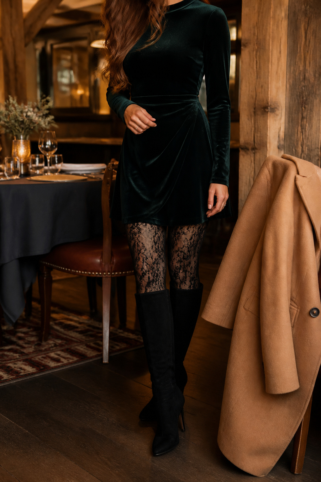 A long-sleeve emerald velvet dress with lace tights displayed on a model.