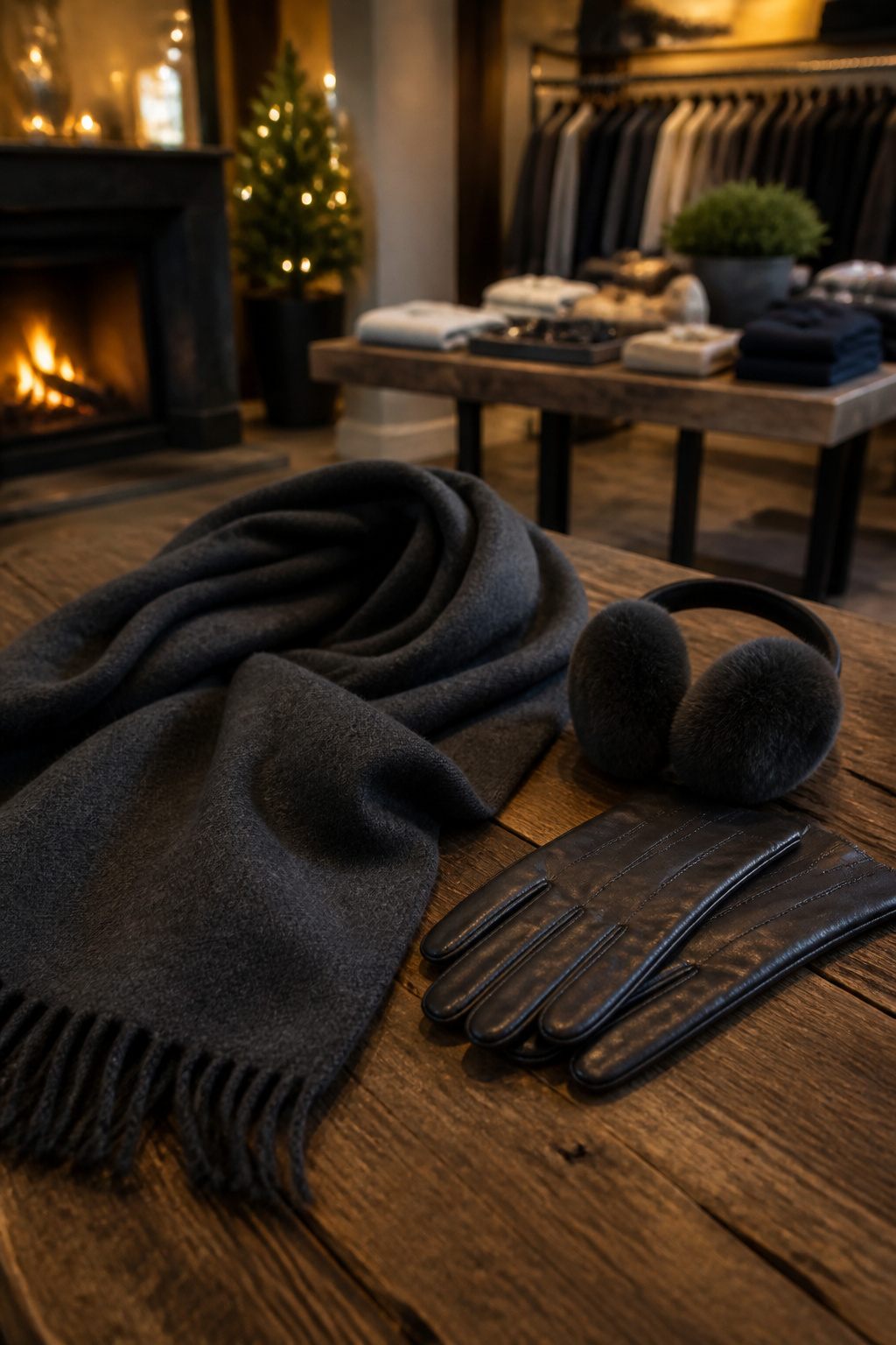 A wool scarf and leather gloves are displayed on a wooden table.