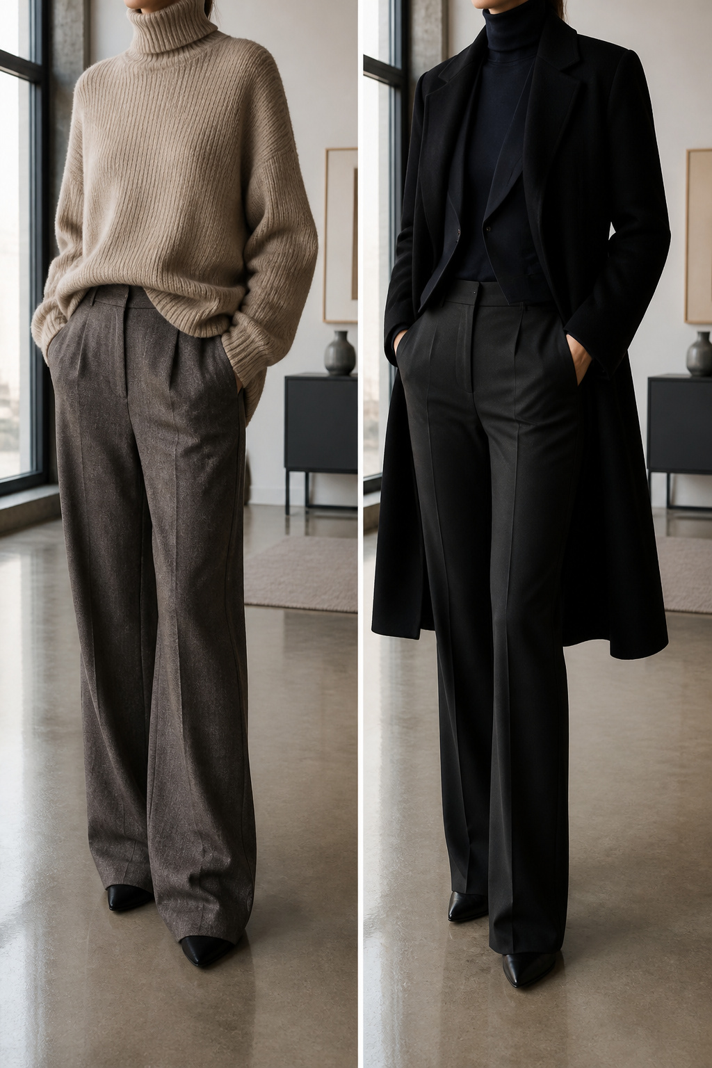 A fitted crewneck and structured layers are arranged on a chair.