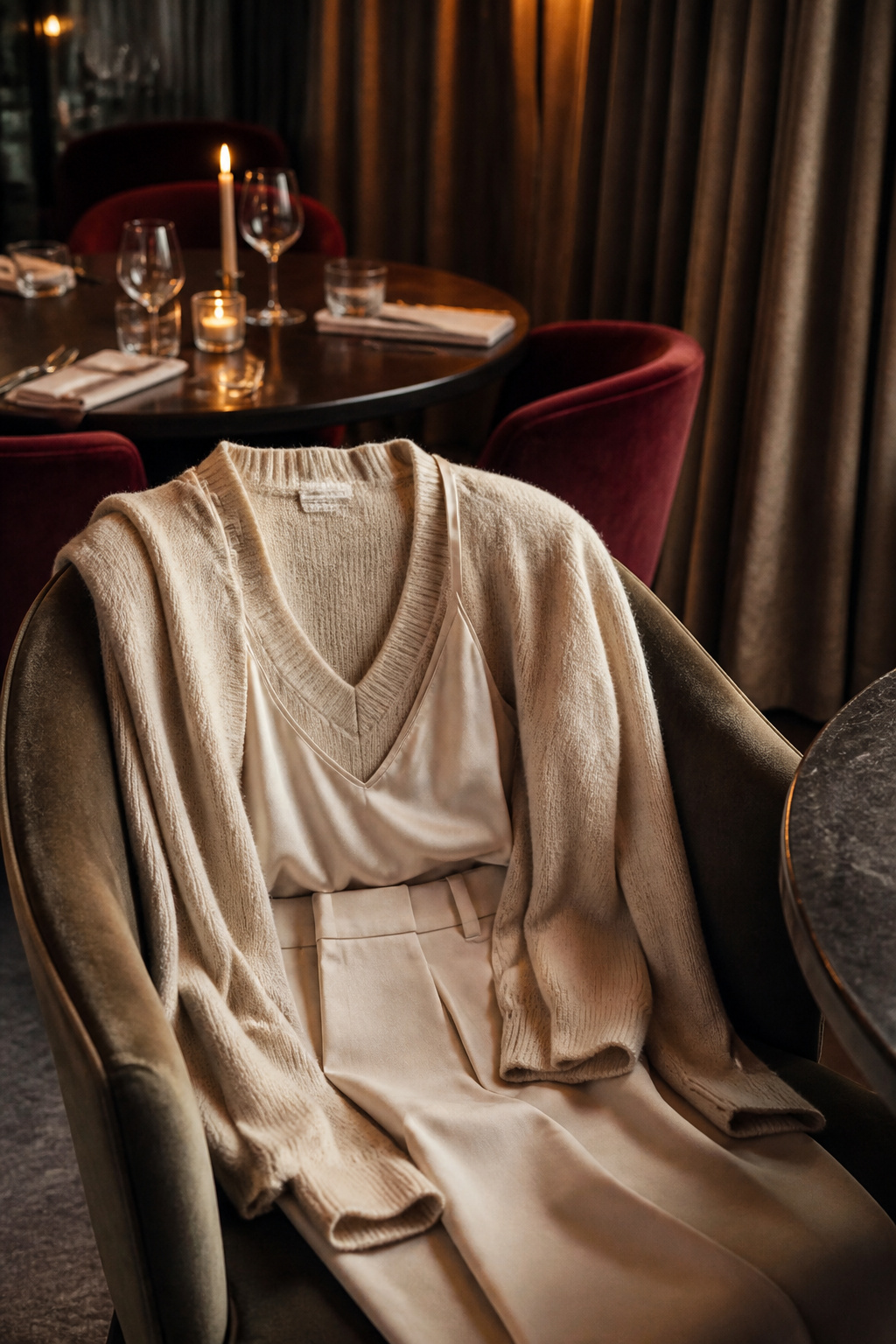 A cashmere sweater and silk camisole are displayed on a chair.