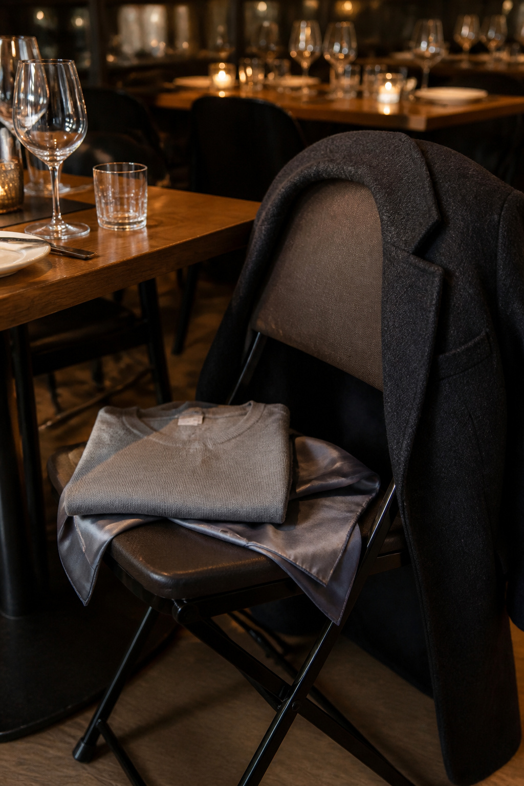 A crewneck and oversized wool jacket are shown on a chair.