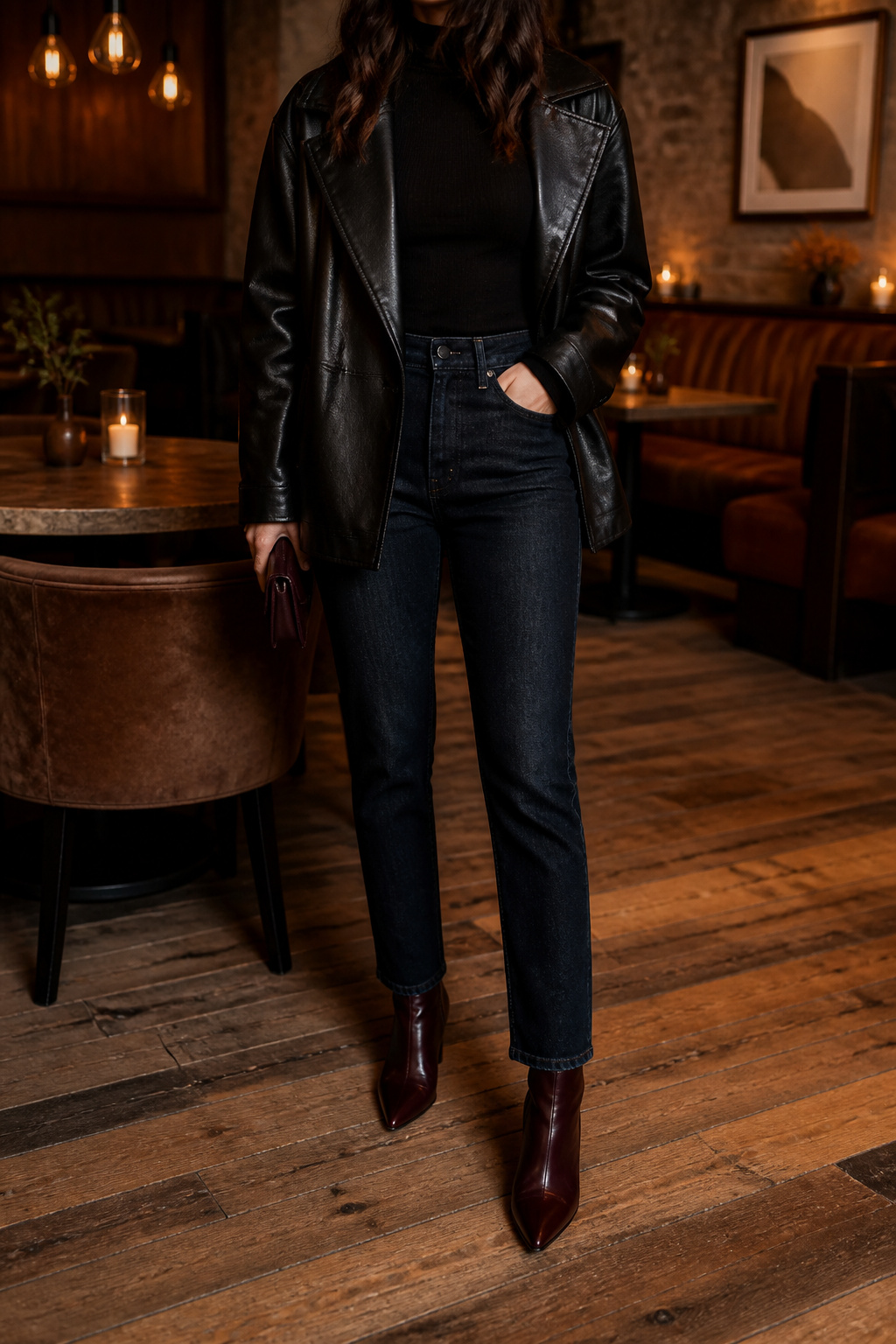 A fitted black cashmere top paired with dark-wash jeans on a model.