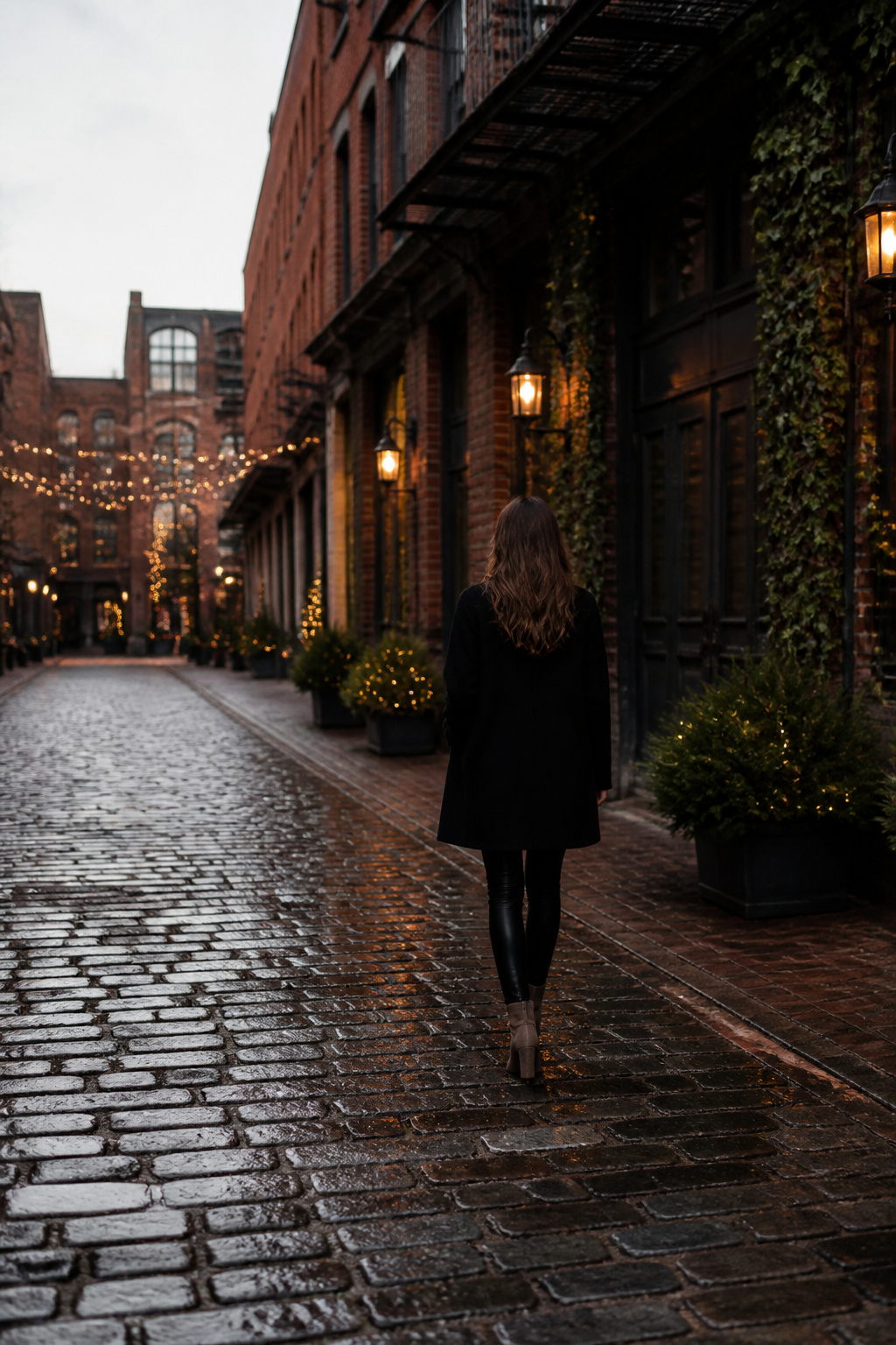 A model in leather leggings and an oversized coat stands outdoors.