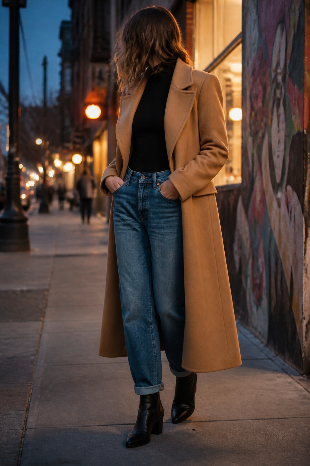 A model wears a statement coat over a basic outfit.