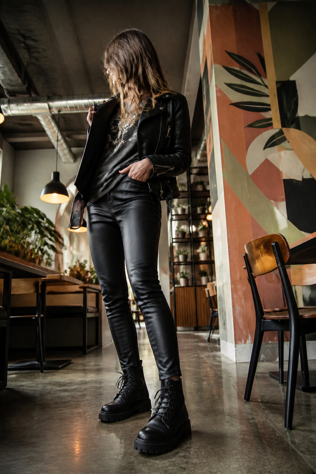 A model in a graphic tee and leather pants poses casually.