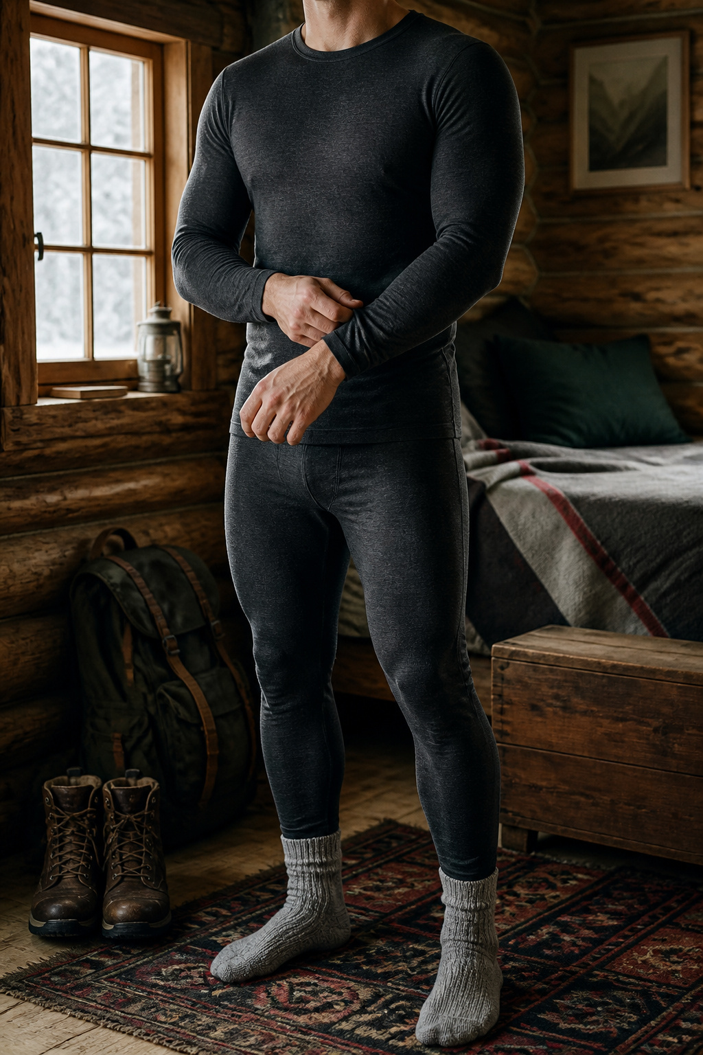 A fitted base layer in merino wool inside a rustic wooden cabin.