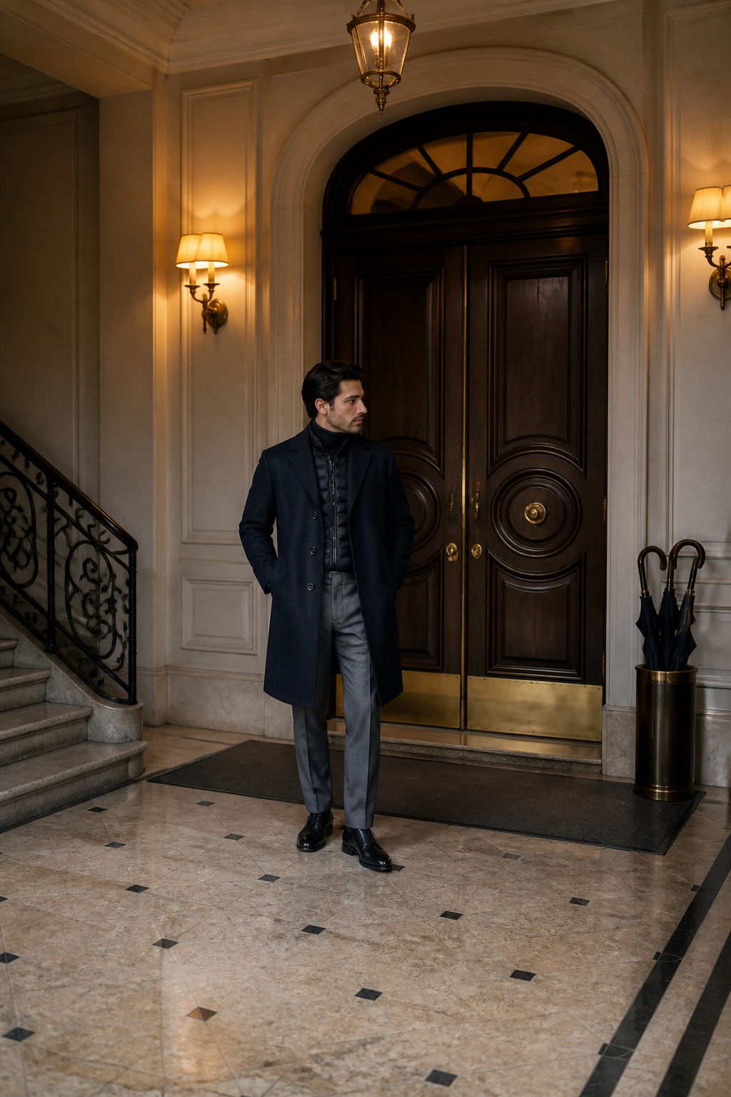 A navy overcoat layered over a blue Oxford shirt and jeans.