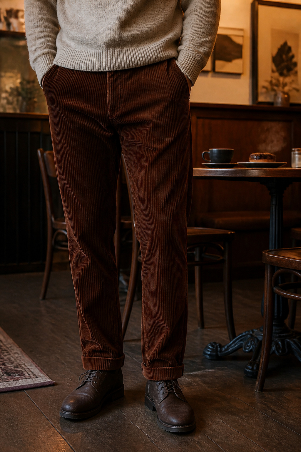 Brown corduroy pants in a stylish urban café setting.