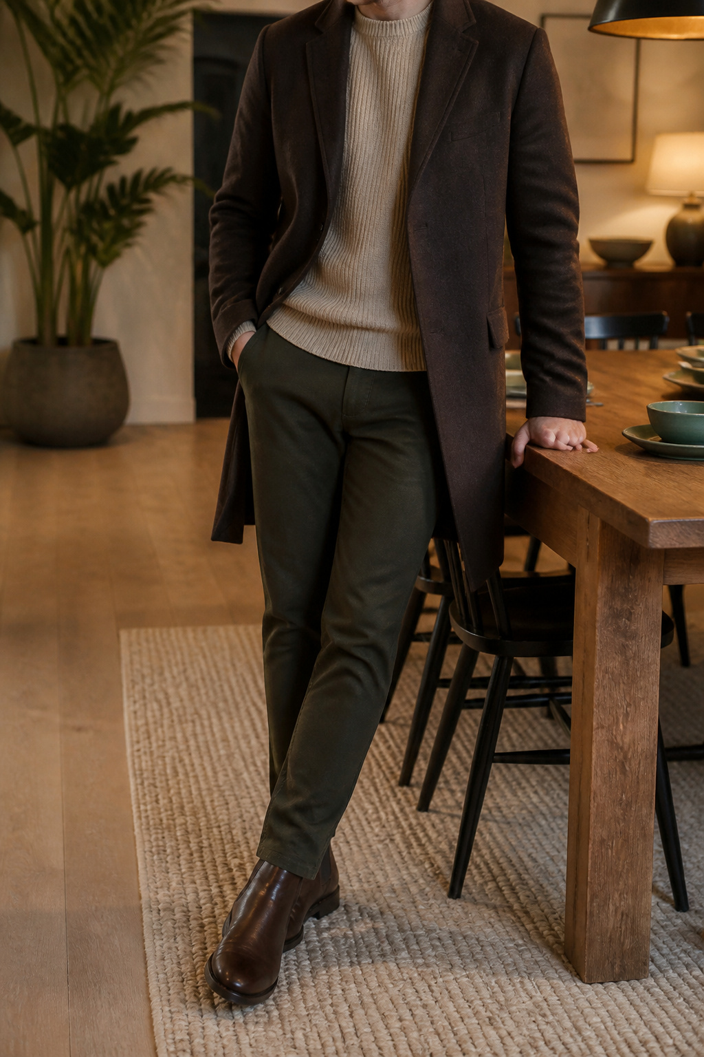 Dark olive chinos in a contemporary dining space with minimalist décor.