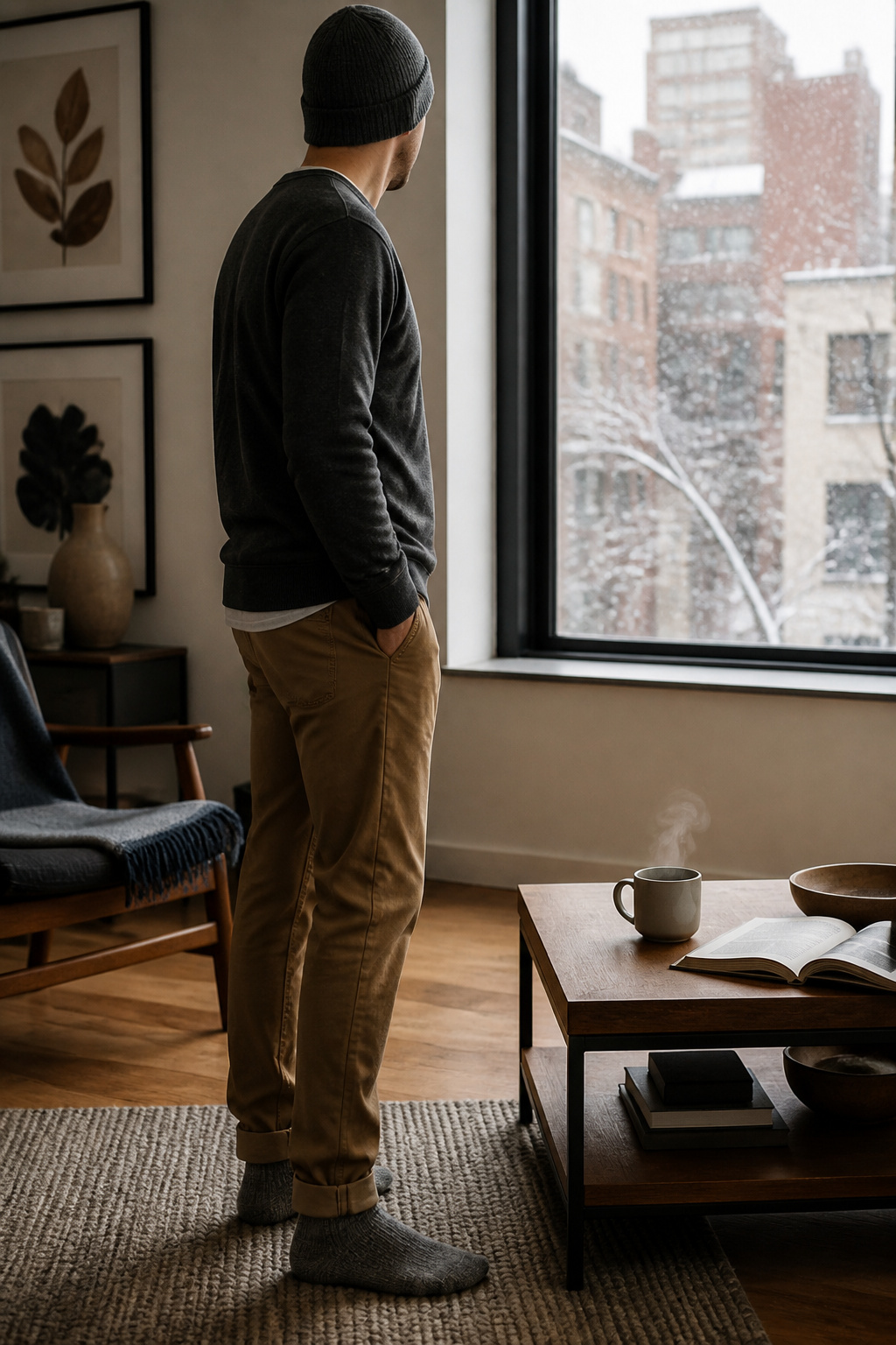 A charcoal cotton crewneck in a bright urban apartment during snowfall.