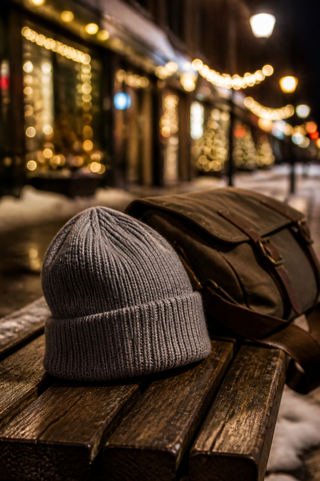 A wool beanie resting on a textured surface.