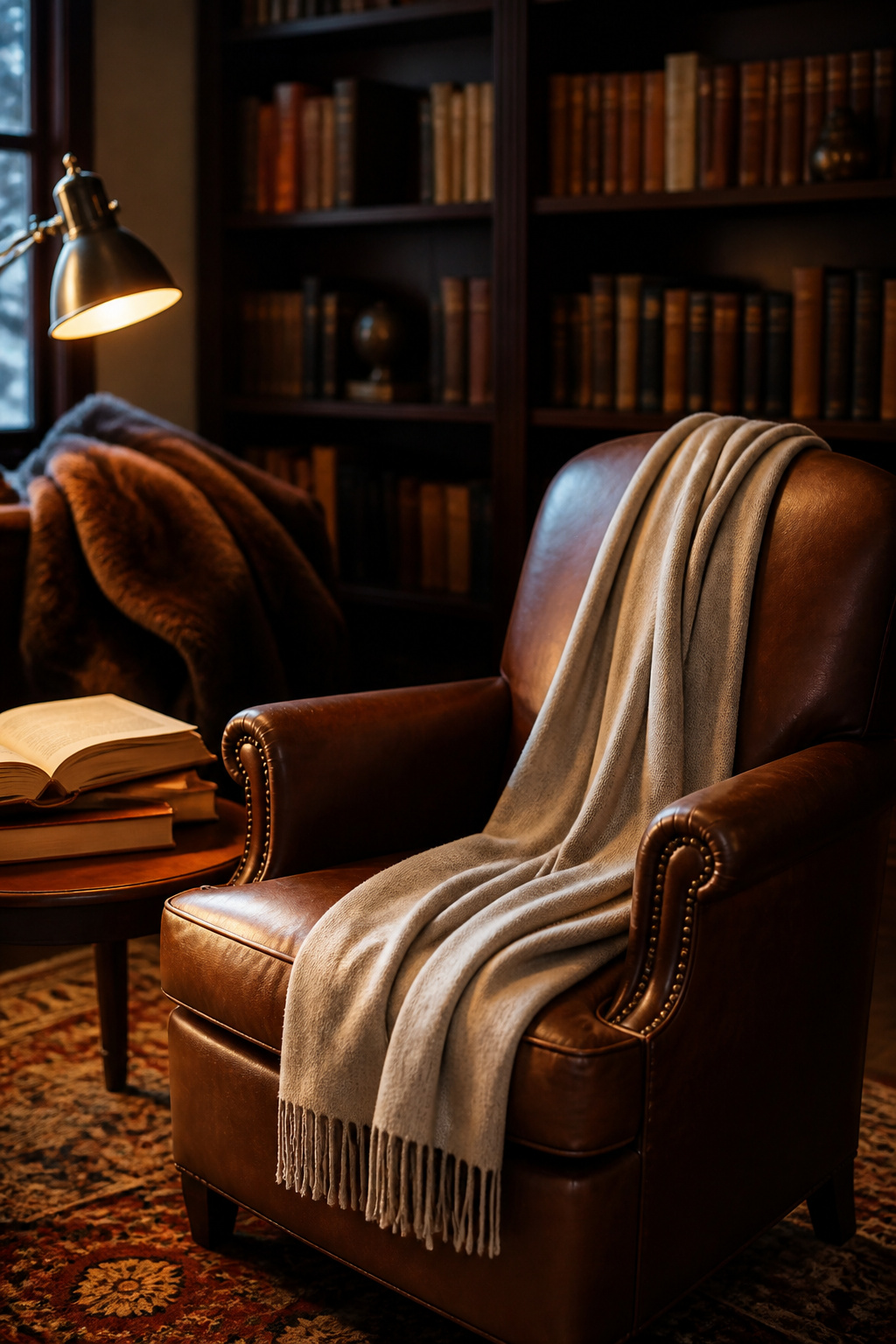 A merino blend scarf on a well-crafted chair in a library.