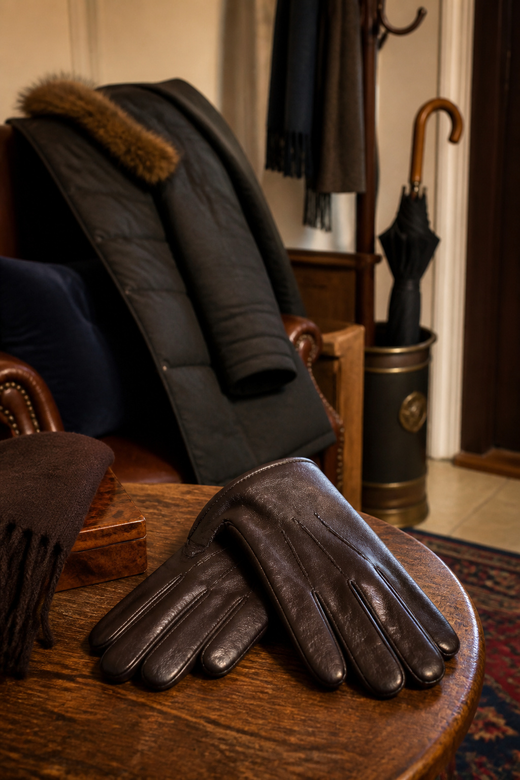 Leather gloves placed on a rustic wooden table beside a jacket.