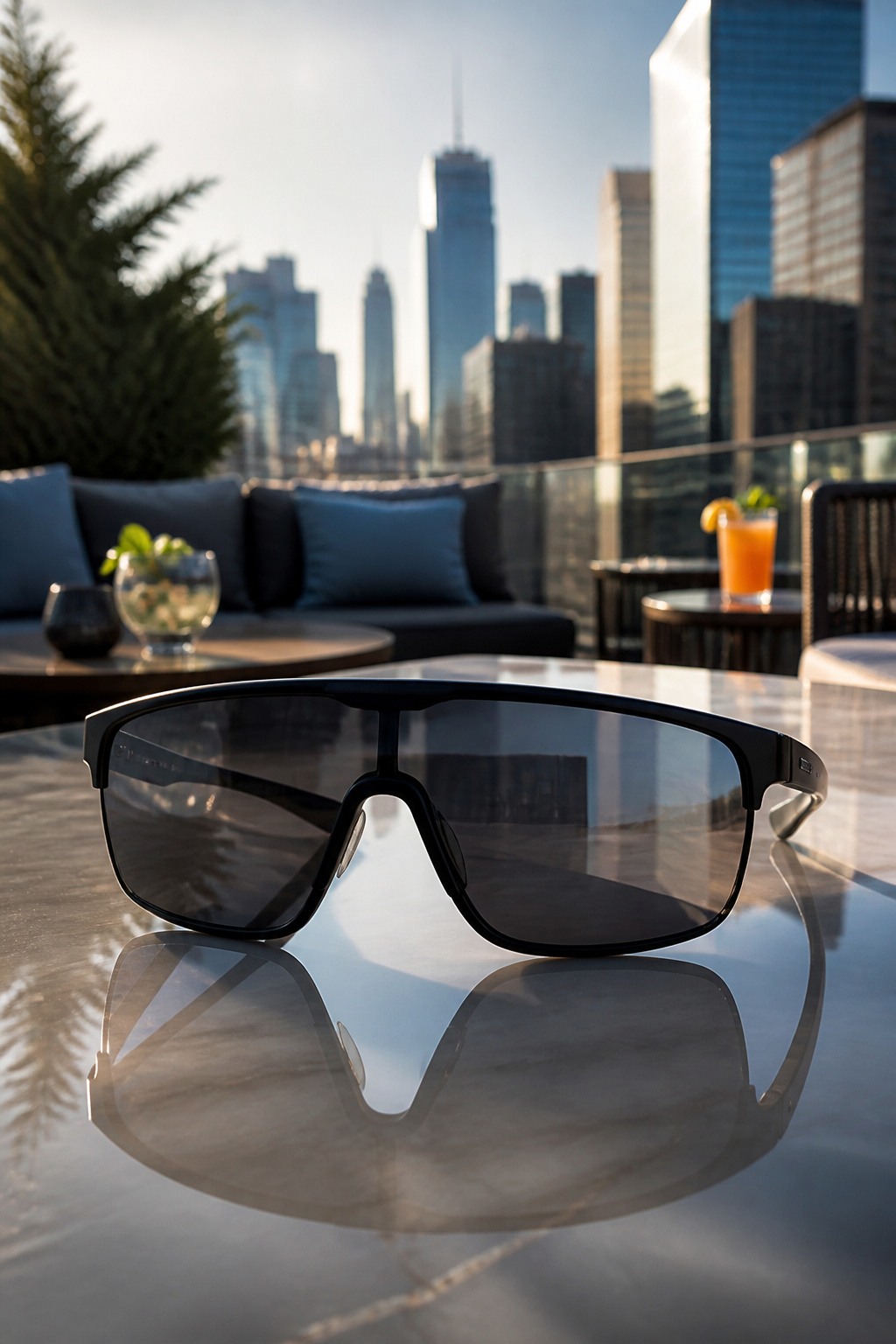 Shield sunglasses designed to block winter sunlight and wind.