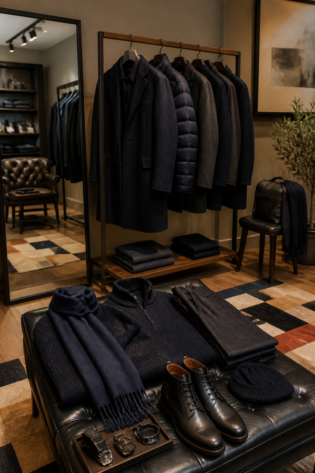 A display of winter clothing in a boutique with dark colors.