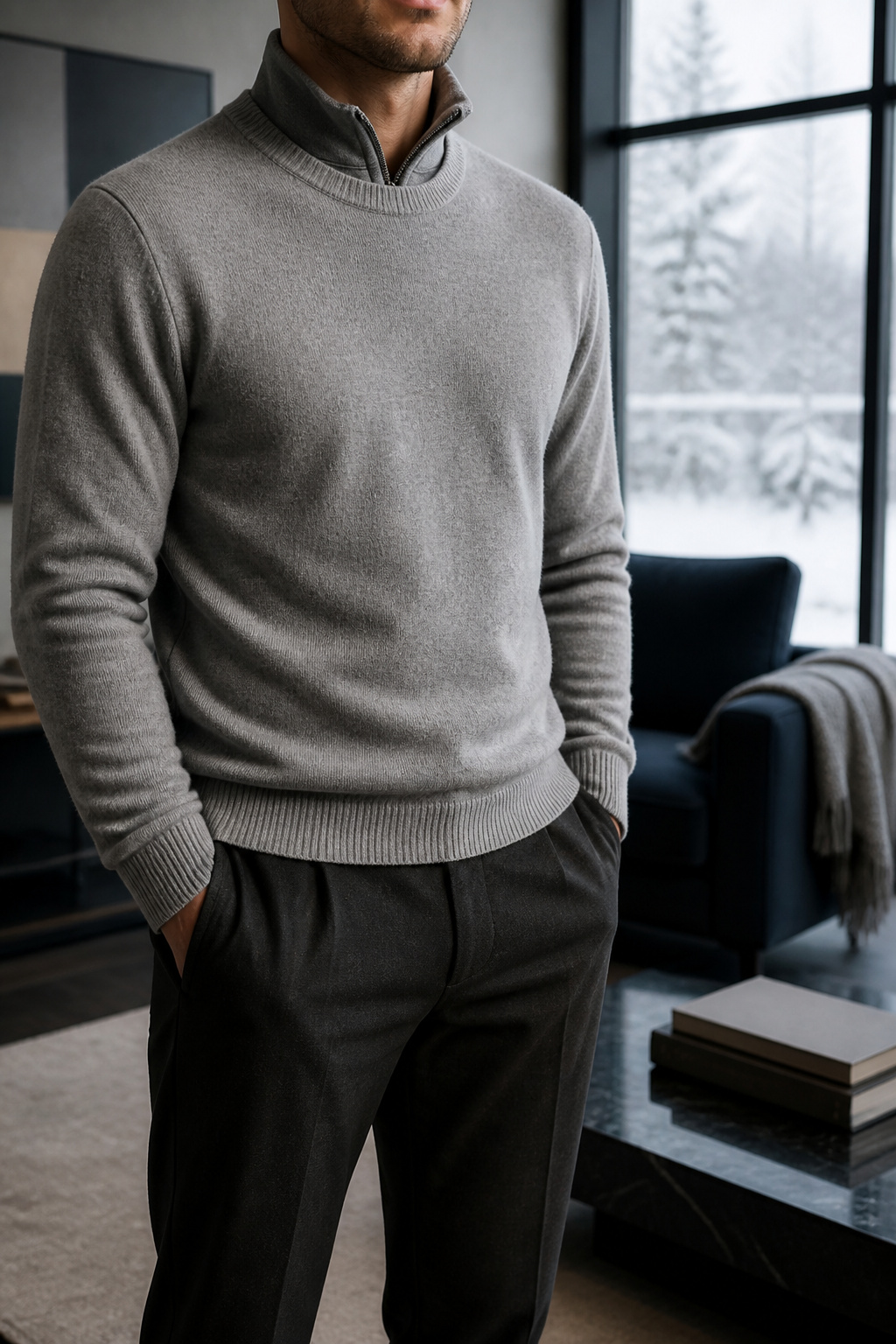 A navy cashmere sweater suitable for layering under a blazer or overcoat.