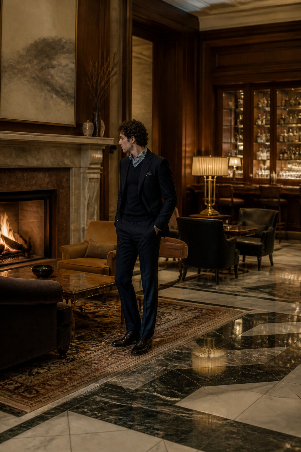 A wool suit in subtle pinstripes suitable for winter office wear.