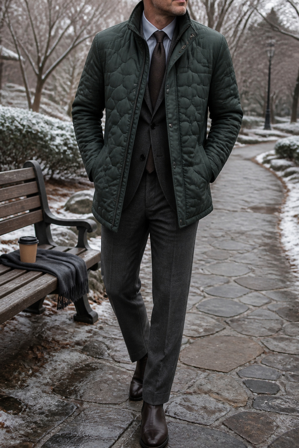 A quilted jacket in an urban winter park setting.