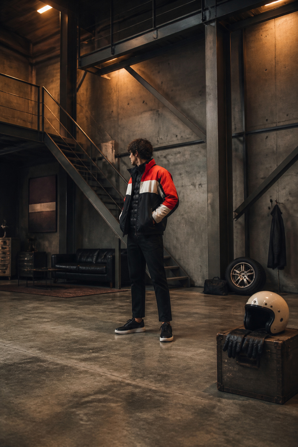 An F1 jacket with bold color blocking and structured design.