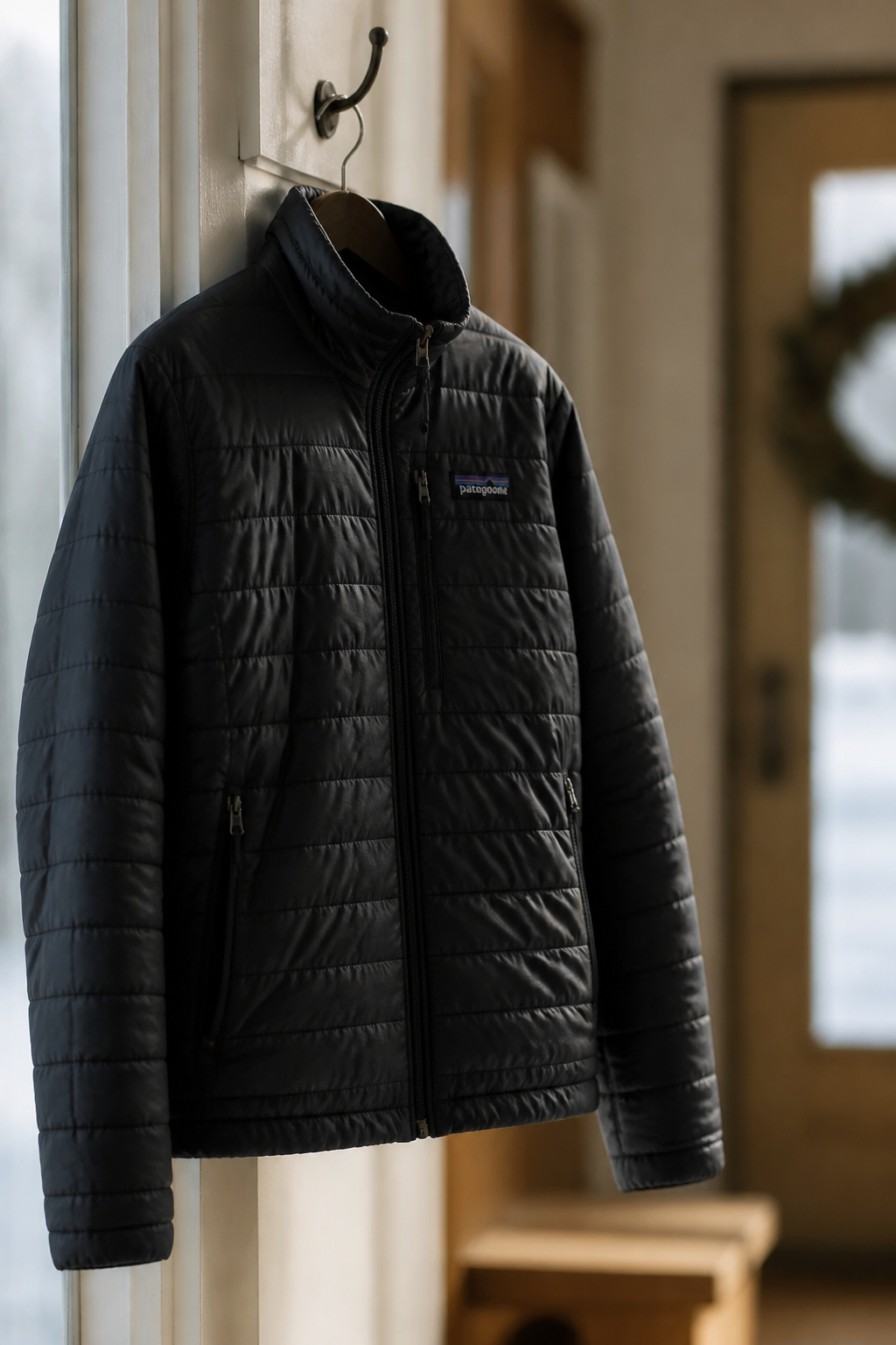Patagonia Nano Puff packable puffer jacket shown compactly folded.