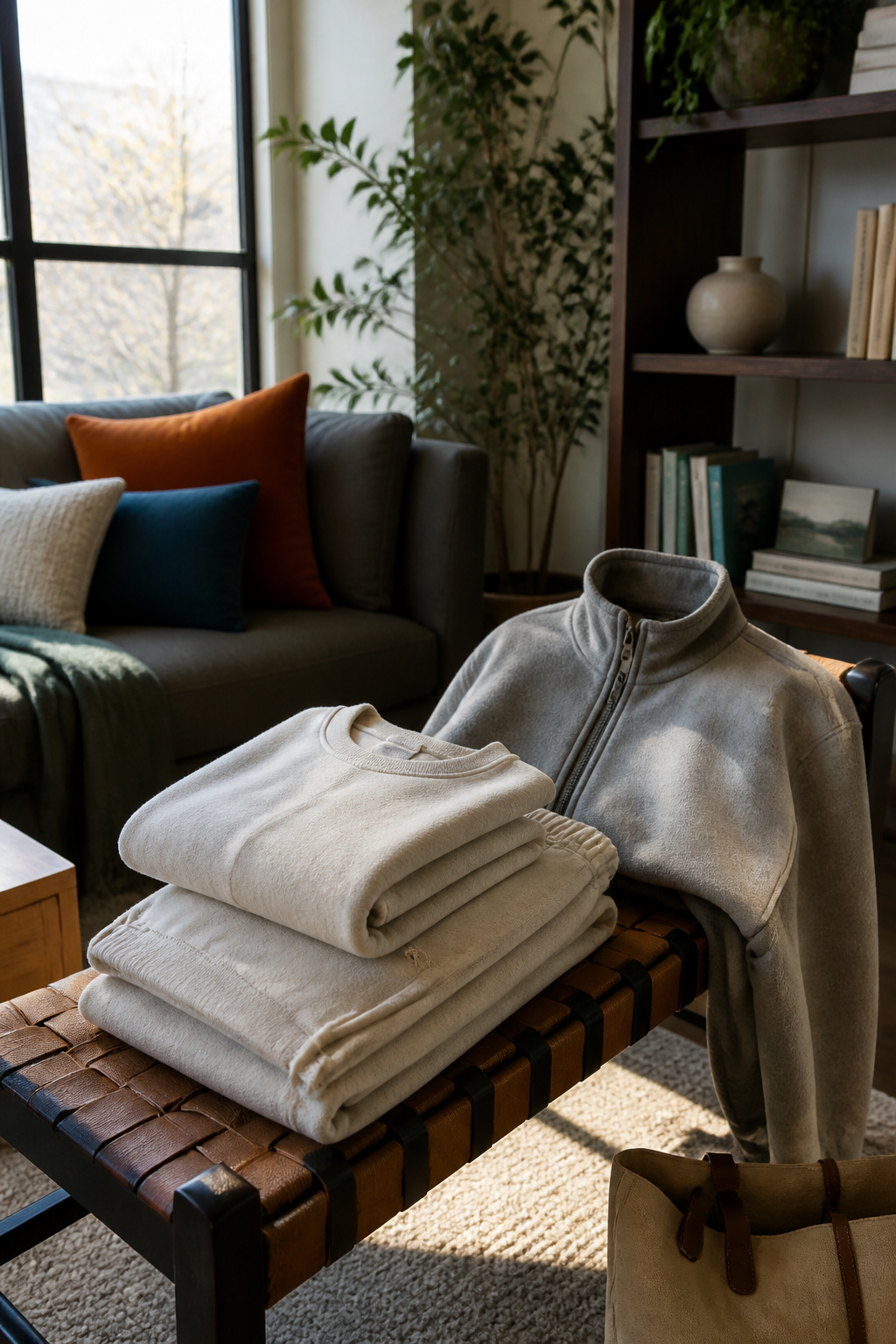 Cozy matching loungewear set displayed on a woven bench.