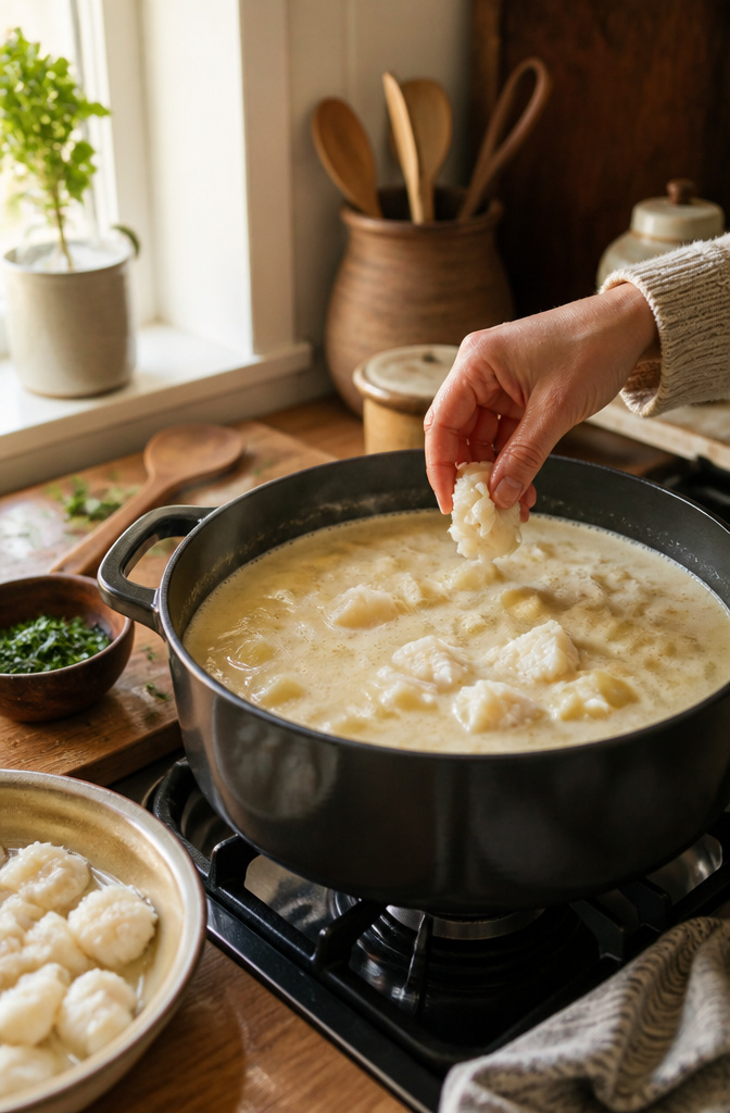 Fish Chowder – Creamy, Simple Stovetop Recipe 7 Fresh cod being added to a pot of simmering chowder.