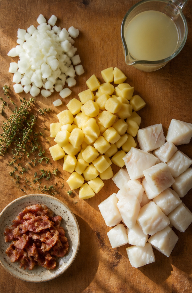 Fish Chowder – Creamy, Simple Stovetop Recipe 3 Ingredients for fish chowder including fish, potatoes, and onion.