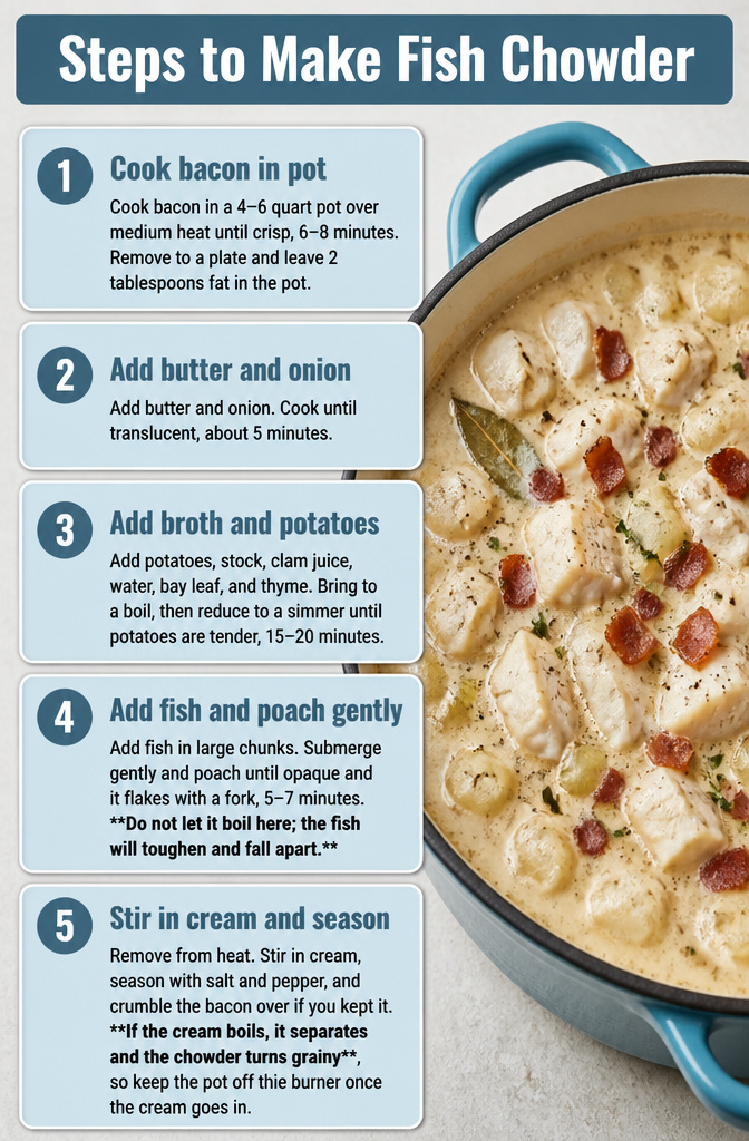 Fish Chowder – Creamy, Simple Stovetop Recipe 4 Steps to make fish chowder shown in a visual guide.