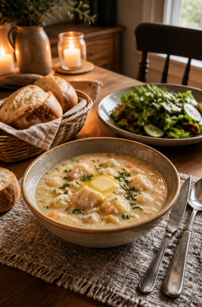 Fish Chowder – Creamy, Simple Stovetop Recipe 8 A bowl of fish chowder topped with butter and parsley.