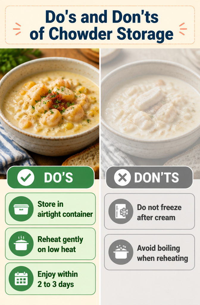 Fish Chowder – Creamy, Simple Stovetop Recipe 9 A chart showing do's and don'ts of chowder storage.
