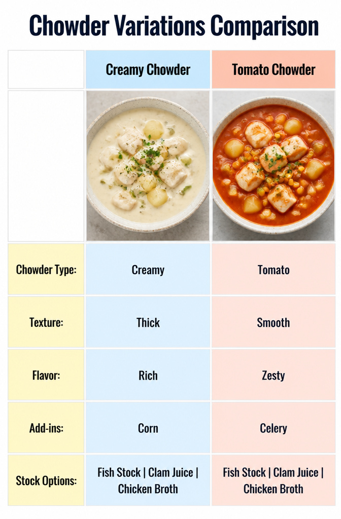 Fish Chowder – Creamy, Simple Stovetop Recipe 10 A comparison of different chowder variations and substitutions.