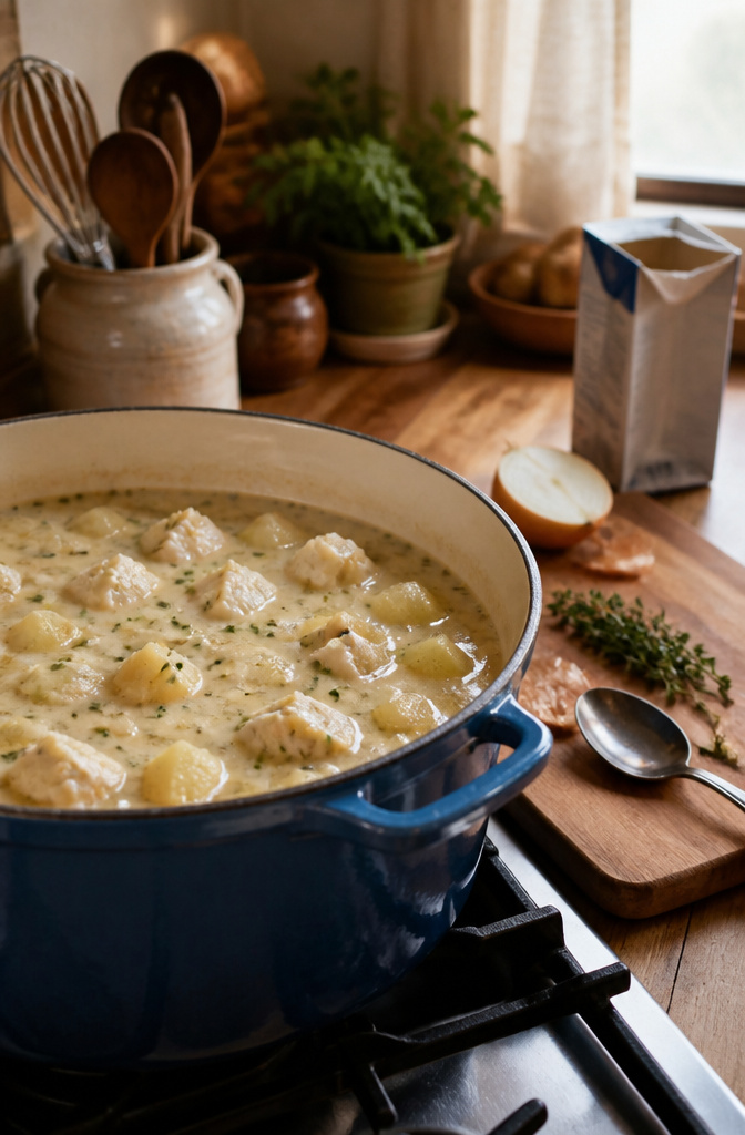 Fish Chowder – Creamy, Simple Stovetop Recipe 2 A pot of fish chowder with fish and potatoes on a stovetop.