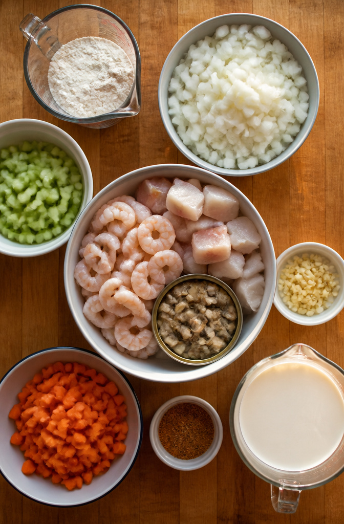 Bacon, onion, celery, carrot, flour, broth, potatoes, shrimp, and clams.
