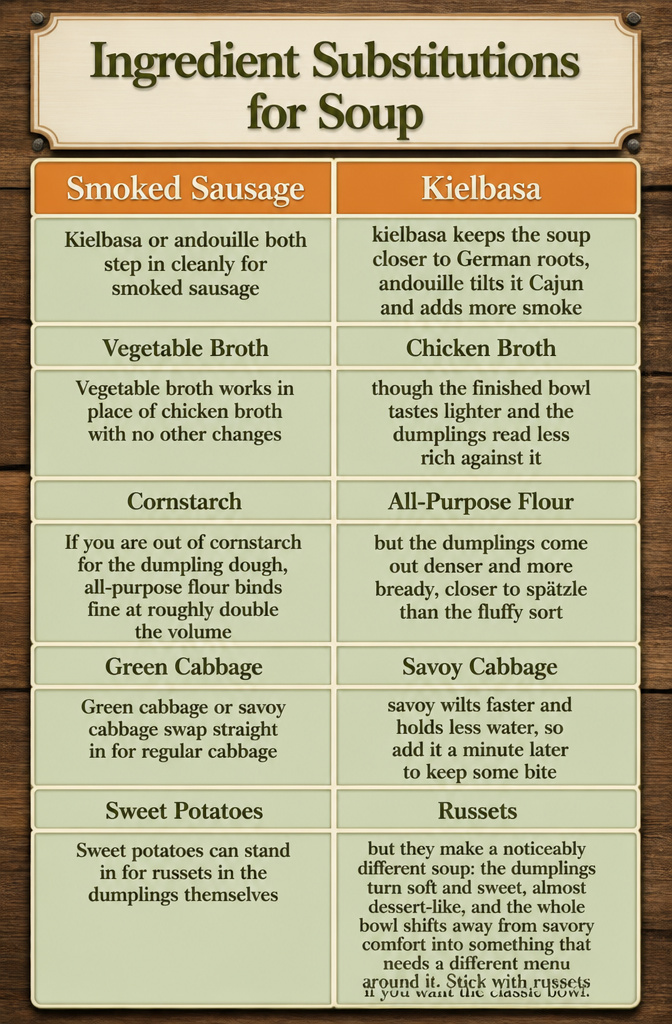 Information image detailing ingredient substitutions for potato dumplings soup.