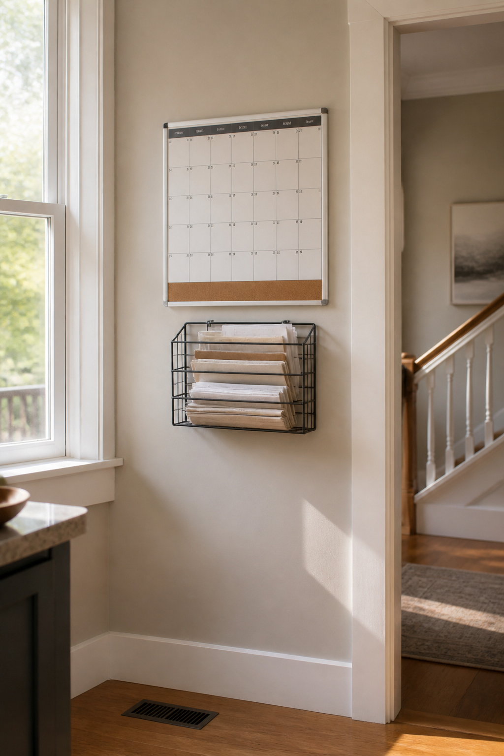 Basic wall calendar and wire document tray mounted in a kitchen.