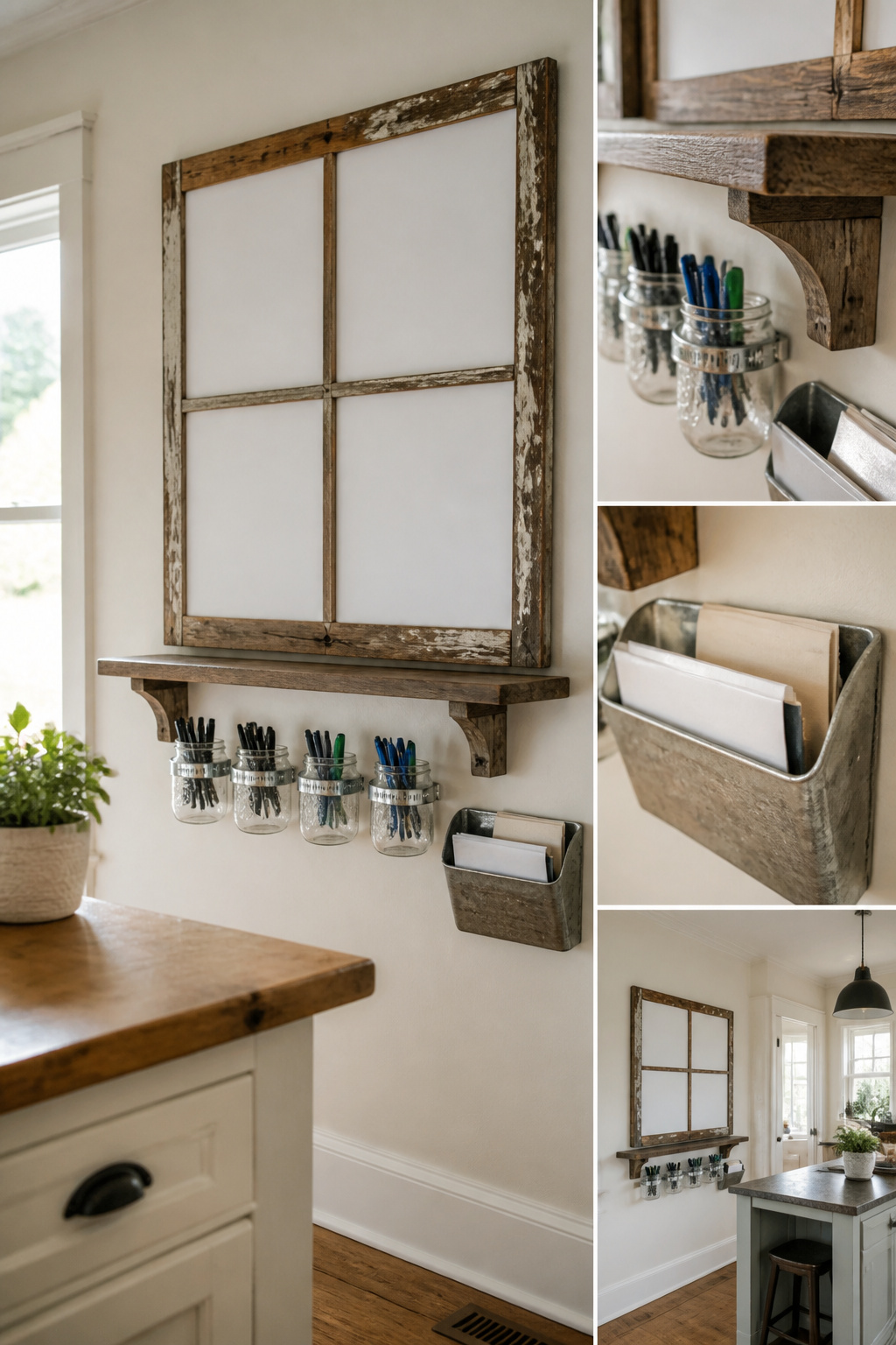 Old window frame repurposed as a command center with jars for supplies.