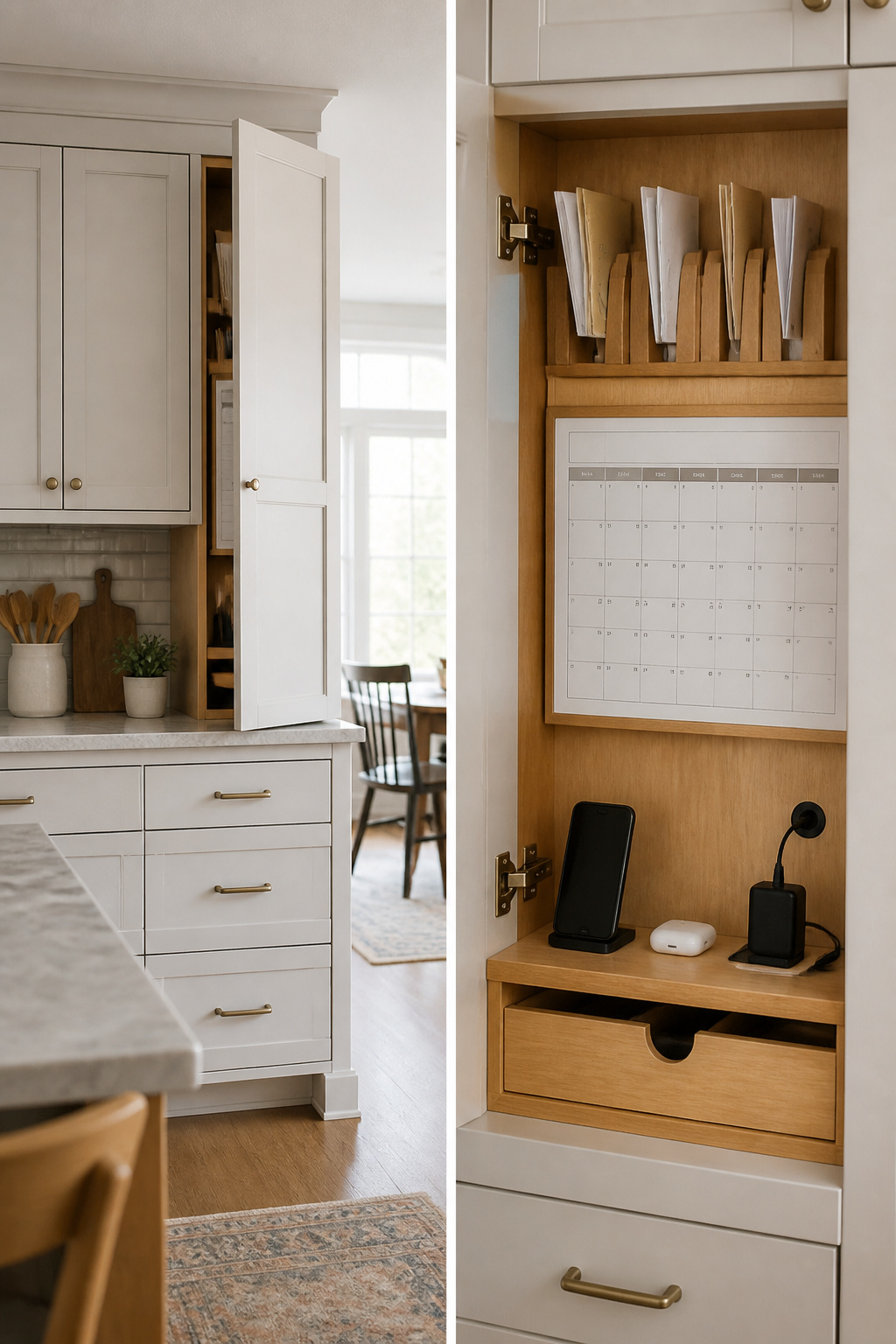 Inside a cabinet door, a calendar and mail slots are neatly organized.