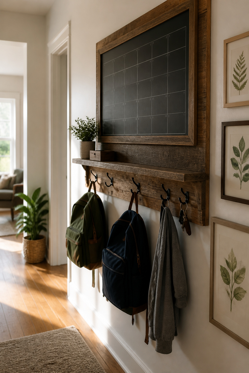 Rustic wall-mounted command center with barn hooks and a chalkboard calendar.