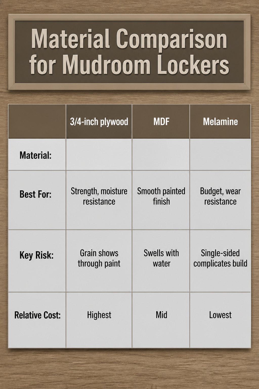 Chart displaying different materials for building mudroom lockers.
