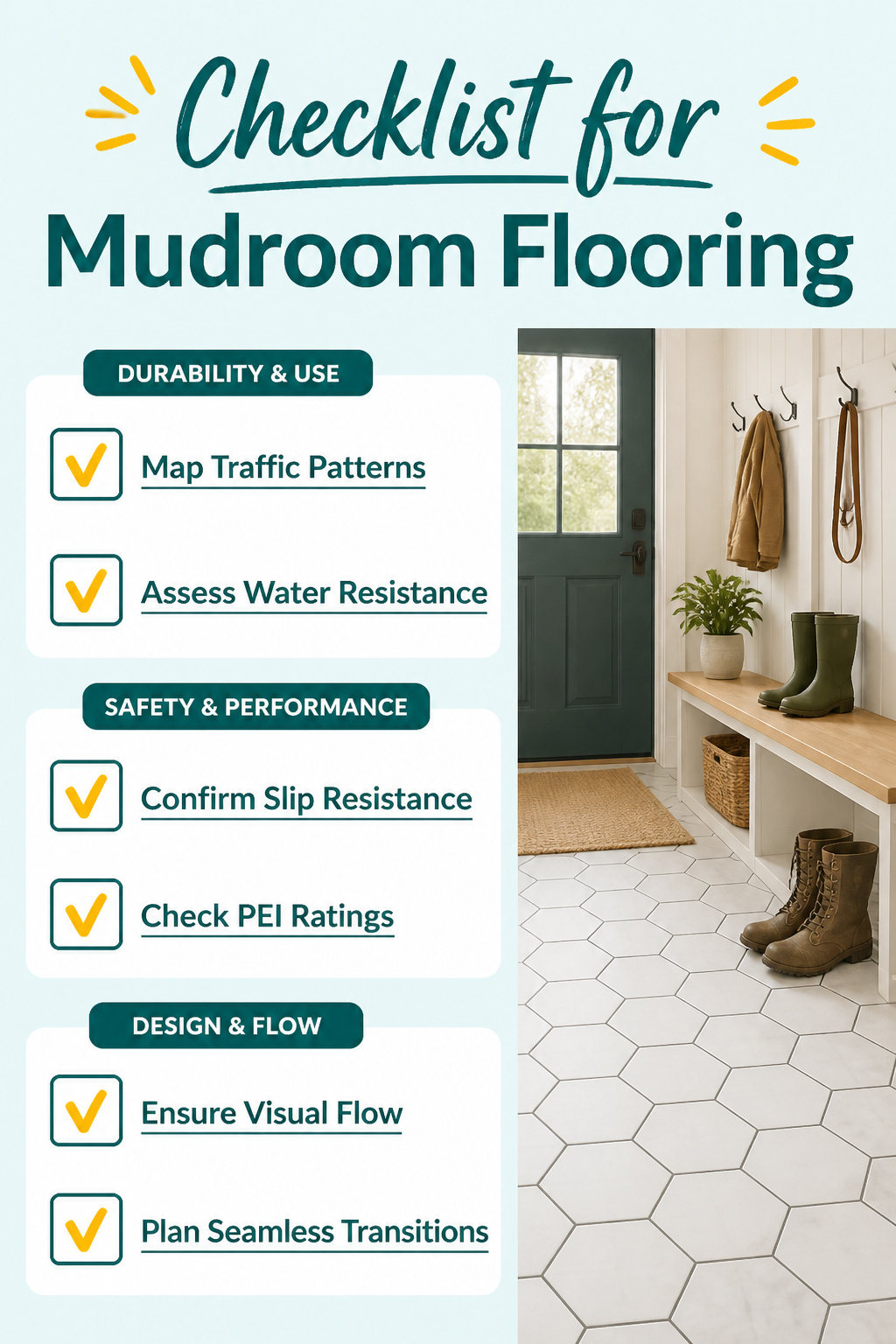 Checklist for matching flooring to household needs in a mudroom.