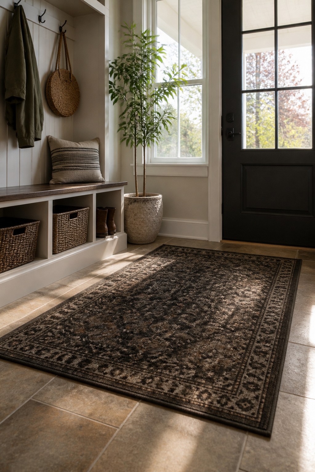 Stylish indoor-outdoor rug on textured luxury vinyl tile in a mudroom.