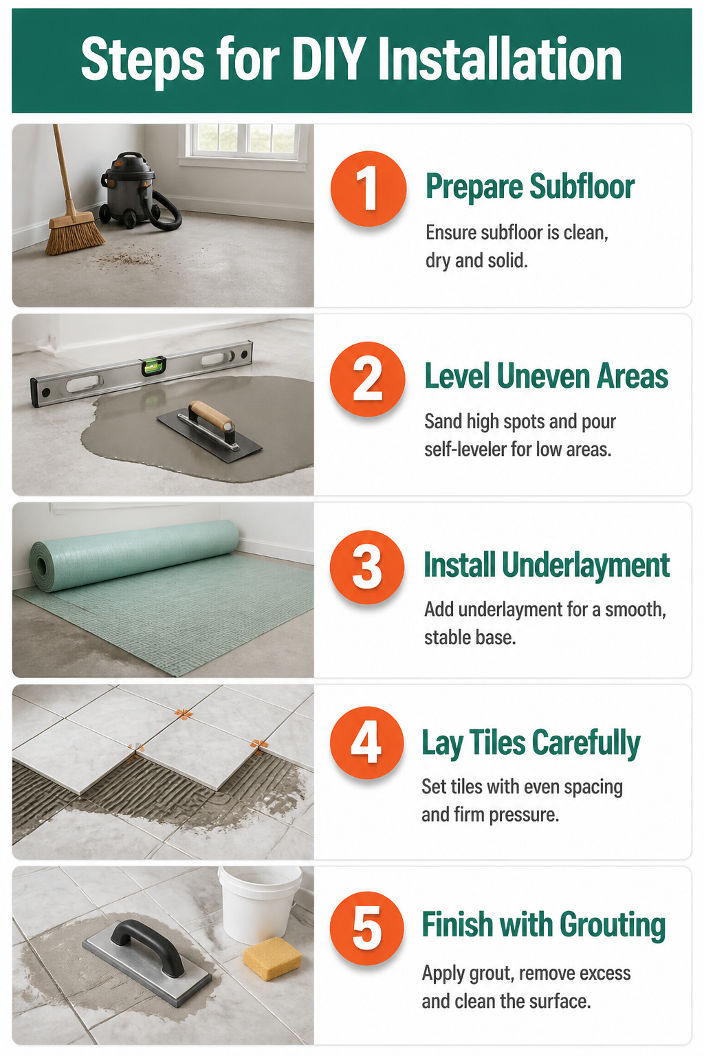 Steps for DIY installation of tile and vinyl flooring in a mudroom.