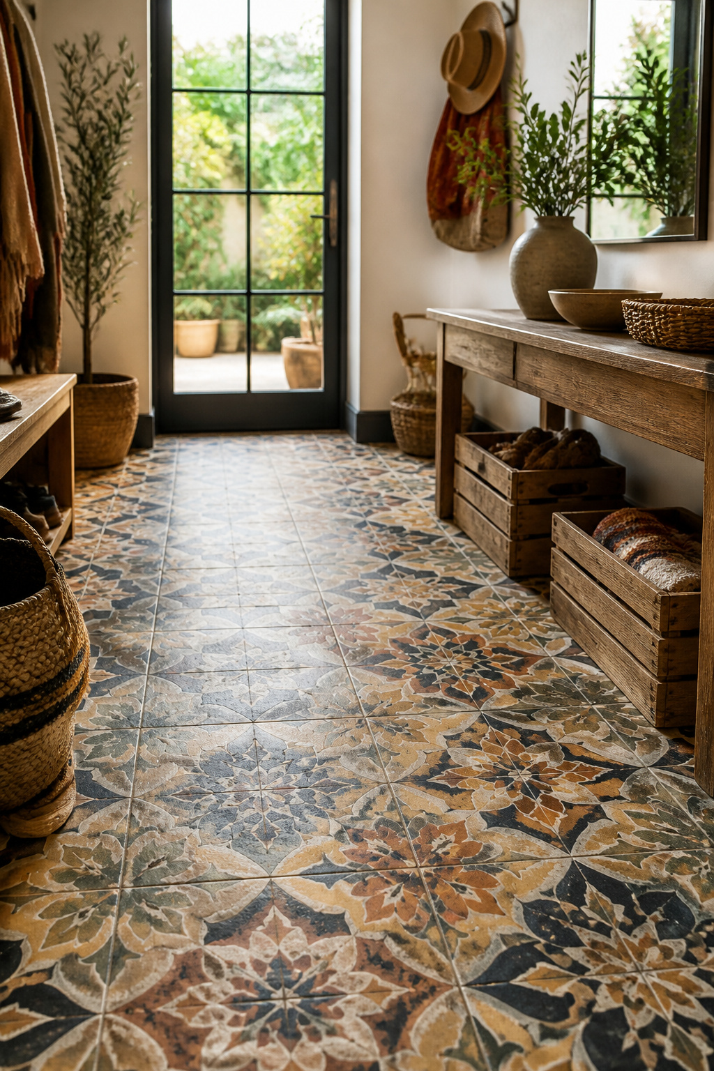 Colorful cement tiles with intricate patterns in a mudroom.