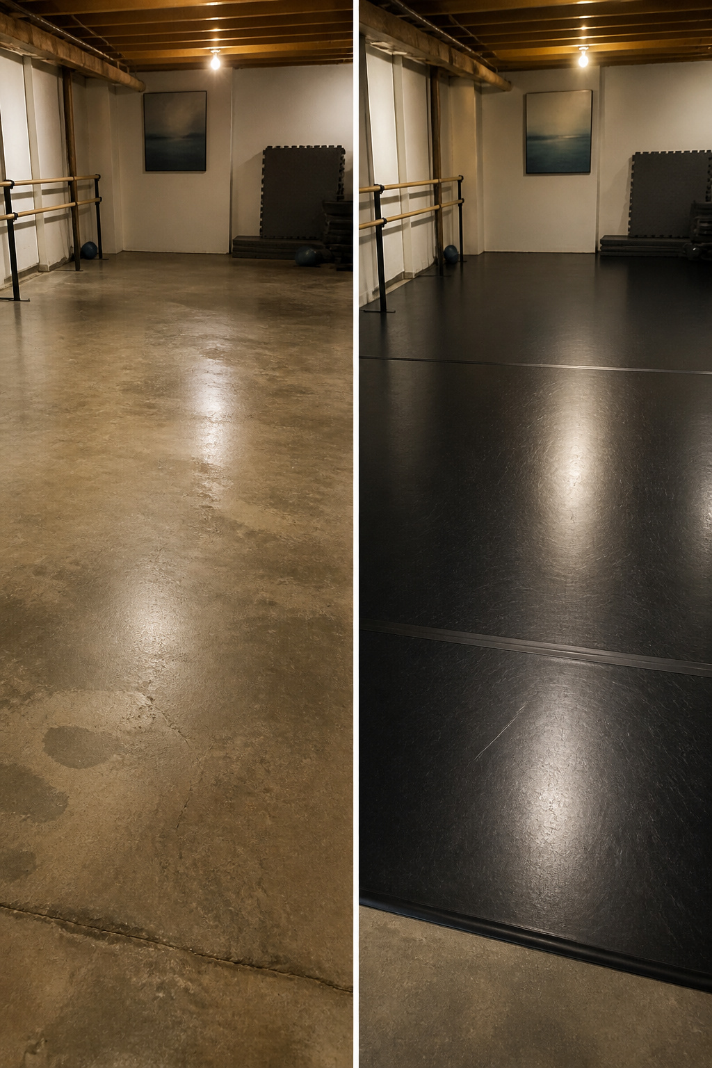 Vinyl flooring that resembles Marley in a basement dance studio.