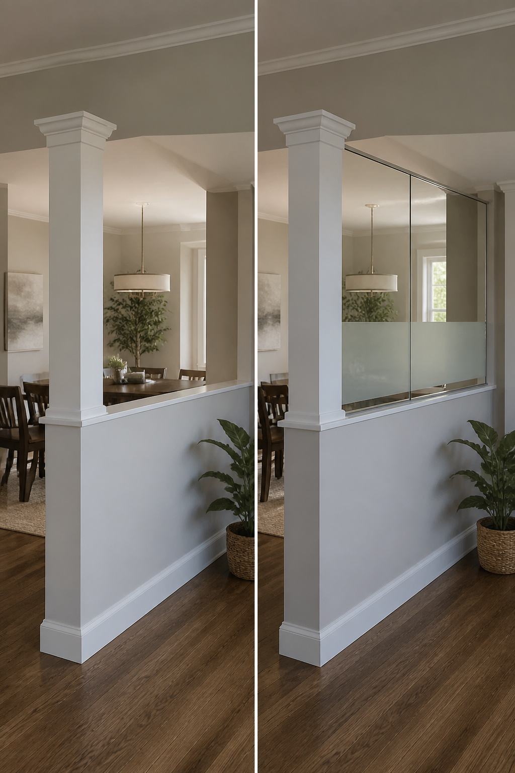 Half wall with glass panels framed by columns.