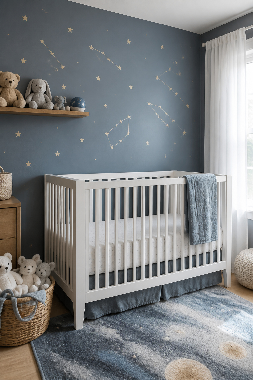 Constellation decals on a blue-gray wall in a nursery.