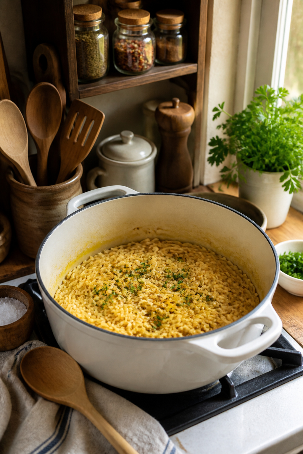 Pot of toasted orzo in olive oil and butter mixture.