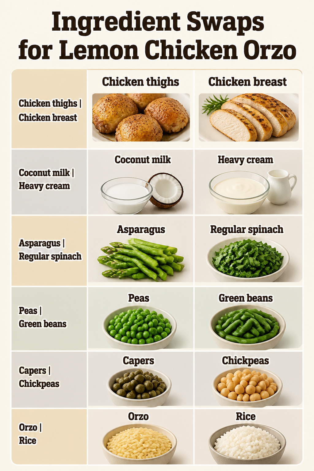 Chart detailing ingredient swaps for lemon chicken orzo.